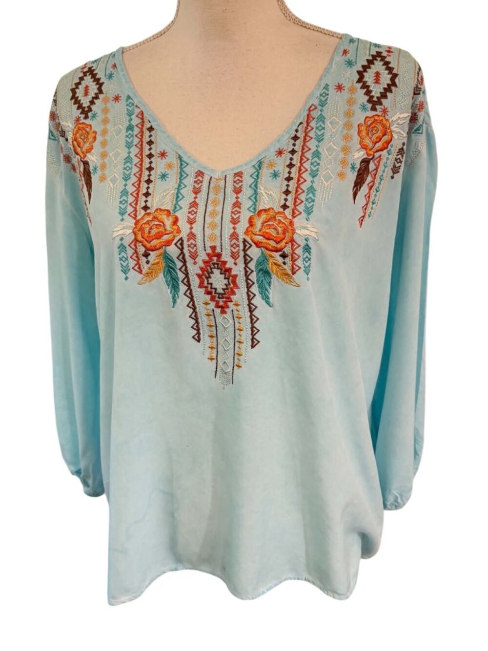 Panhandle light blue embroidered V-neck blouse featuring intricate embroidery